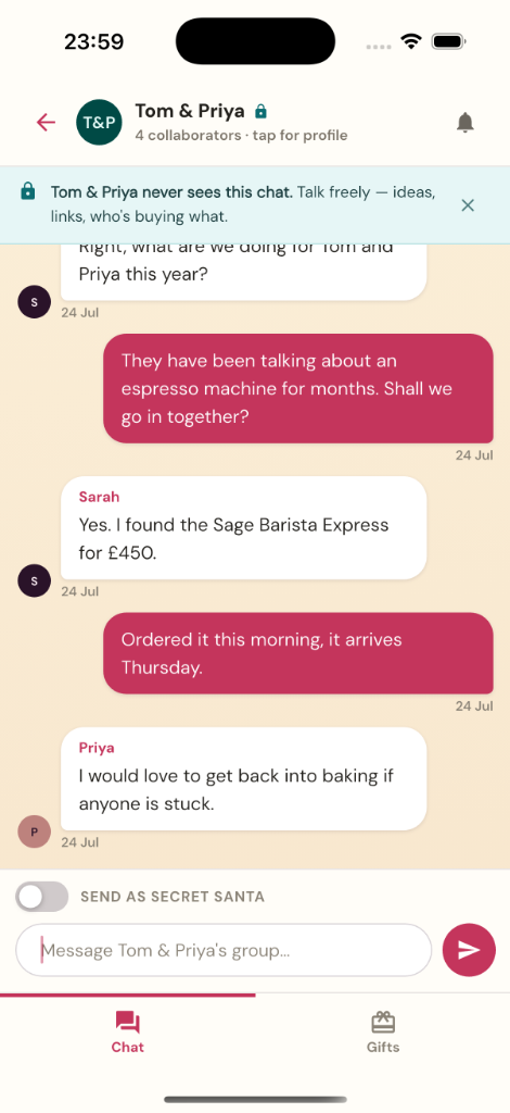 Wrapd App Chat Interface showing Tom & Priya never sees this chat